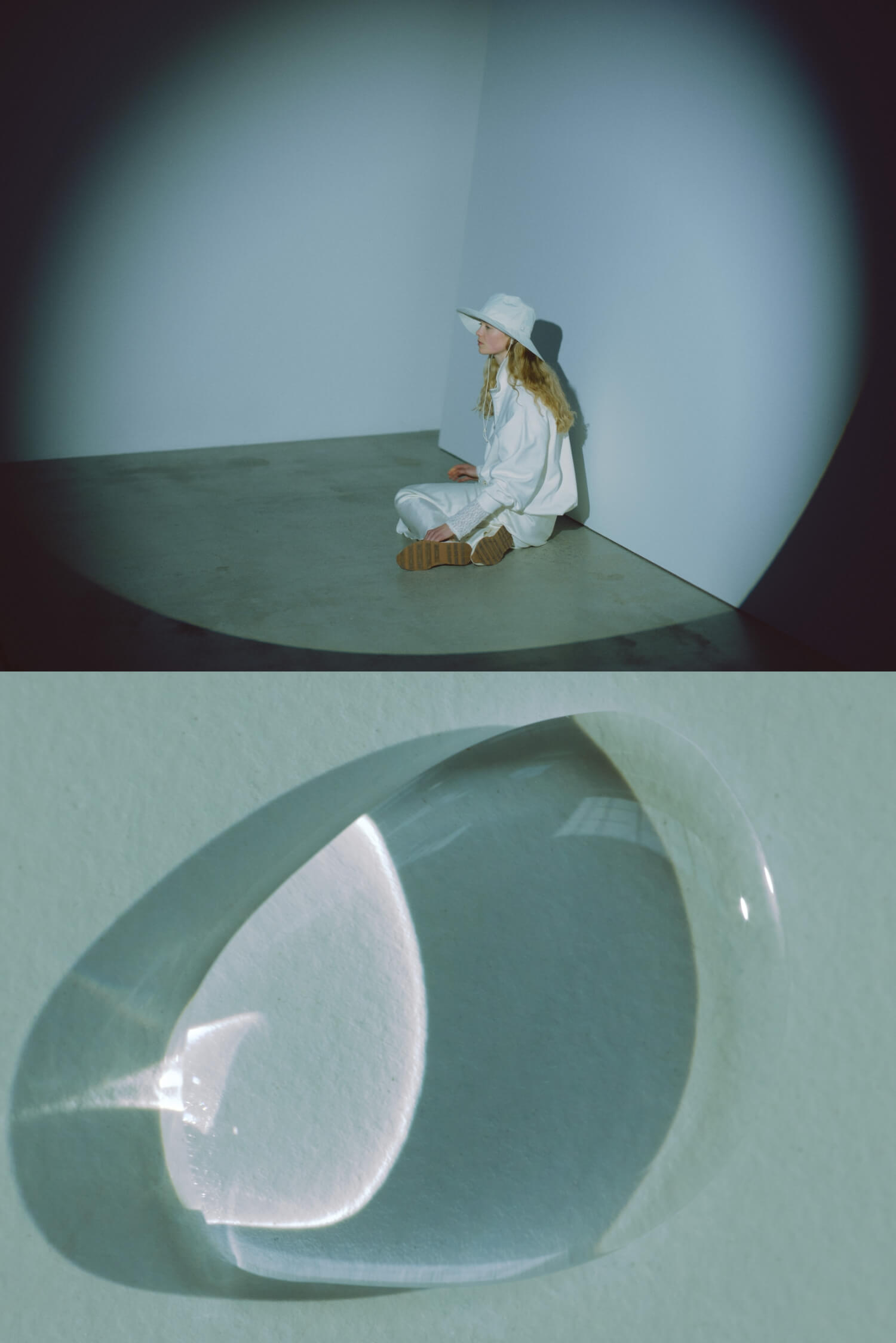 【em】ハーフジップスウェット【セットアップ対応】、2wayストレッチレースカットソー、サテンナロースカート【セットアップ対応】、サンガードアウトドアハット/撥水/UVカット、【em】メリージェーンスニーカーを着用した女性モデル