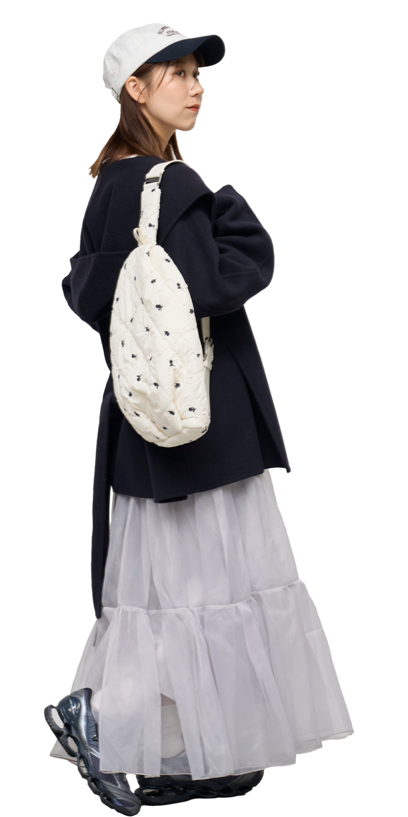 ネイビーのロイヤルジーロン・フーデッドミドルコートのコーディネート例