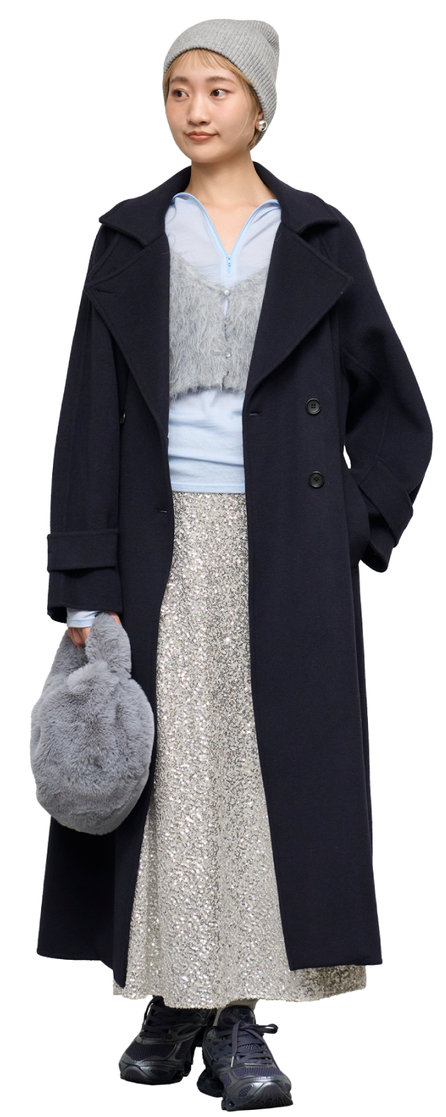 ネイビーのロイヤルジーロン・ロングコートのコーディネート例